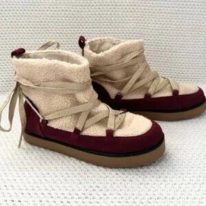 House of Harlow Burgundy Sadie Lace Up Alpine Apres Ski Boots Crepe Soul 7.5